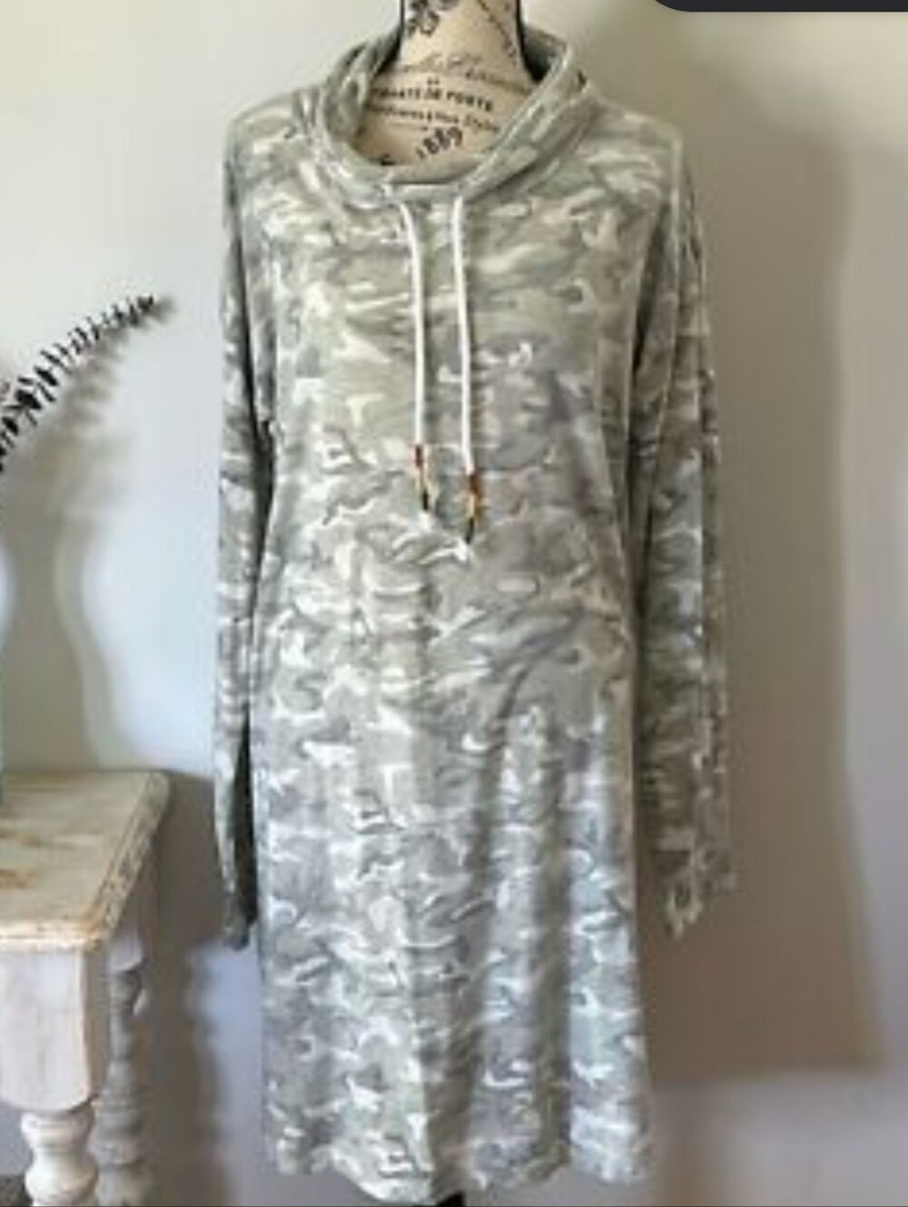 Cowl Neck Camo Tunic Dress in Soft Sage